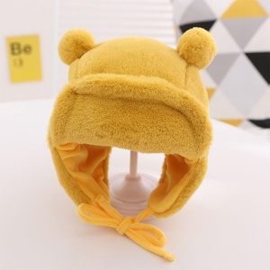 Caciula pentru copii, model cu urechiuse si prindere reglabila, usor elastica la spate, tematica I’m a fluffy bear, 3 – 6 ani, galbena - Img 2