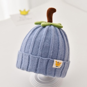 Caciula pentru copii, model delicat cu codita de dovleac, tematica sweet pumpkin, 3 luni – 3 ani, albastra - Img 3