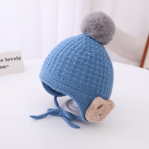 Caciula pentru copii, model pom pom si ursulet la urechi, prindere sub barbie reglabila, tematica prietenul meu blanos, 1 – 2 ani, albastra - Img 2
