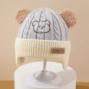 Caciula pentru copii, prelungire pentru urechiuse, imprimeu ursulet, model cute, tematica happy little bear, 6 luni – 3 ani, albastra - Img 2