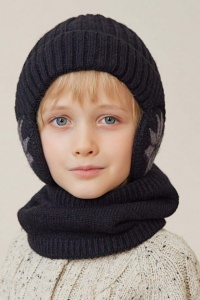 Caciula pentru copii, set doua piese, model cu acoperitori pentru urechi, fular asortat, tematica happy winter, 3 - 9 ani, neagra - Img 2