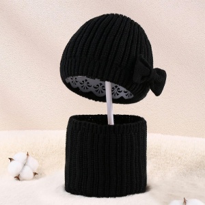 Caciula pentru copii, set doua piese, model cu fundita si fular tip guler delicat asortat, tematica little princes, 0 – 3 ani, neagra - Img 2