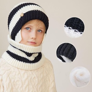 Caciula pentru copii, set doua piese, model cu prelungire peste urechi, accesorii delicate, fular asortat, tematica little funny guy, 3 - 9 ani, alb cu negru - Img 4