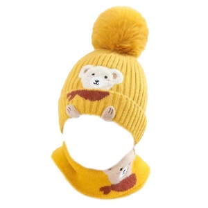 Caciula pentru copii, set doua piese, model pom pom si fulat asortat, tematica familie prietenoasa de ursuleti, 1 – 3 ani, galbena