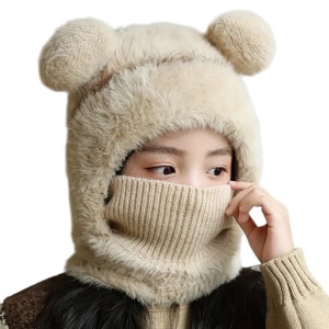 Caciula pentru copii, tip cagula cu guler, model pufos cu urechiuse ascutite, tematica fluffy cozy bear, 1 – 4 ani, maro deschis