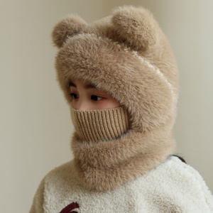 Caciula pentru copii, tip cagula cu guler, model pufos cu urechiuse ascutite, tematica fluffy cozy bear, 1 – 4 ani, maro inchis - Img 4