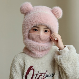 Caciula pentru copii, tip cagula cu guler, model pufos cu urechiuse ascutite, tematica fluffy cozy bear, 1 – 4 ani, roz - Img 3