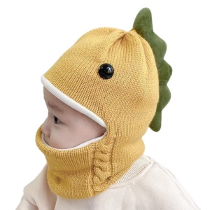 Caciula pentru copii, tip cagula, model dinozaur jucaus, captuseala moale si calduroasa, tematica little dino, 6 luni – 3 ani, galbena