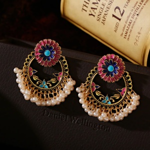 Cercei dama, model retro indian, cu accesorii perlute, rotunzi, roz - Img 4