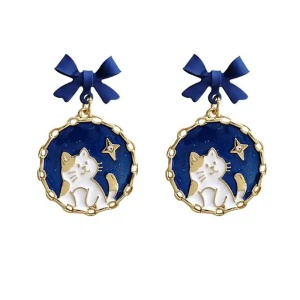Cercei dama, model rotund cu pisicuta simpatica, accesorizati cu fundite, tematica pisiceala de la miezul noptii, albastri