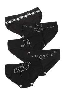 Chiloti dama, set 5 bucati, decupaj clasic, talie elastica, model cu pisicute jucause, tematica cat world, negru