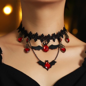 Colier dama Halloween, negru, cu pandantiv liliac si accesorii inimi rosii cristal, reglabil - Img 2