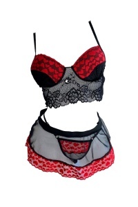 Compleu lenjerie sexy cu inimioare 3 piese, chilot, sutien, fusta scurta, dantela, plasa, negru cu rosu - Img 3