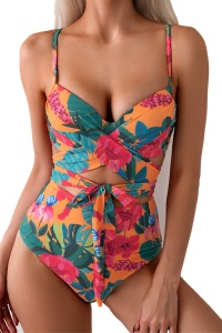 Costum de baie, 2 piese, model vesel indraznet, sutien prindere crossbody si chilot decupaj clasic croi ingust, tematica explozie de culori multicolor