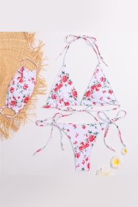 Costum de baie cu masca, 3 piese, print floral, slip brazilian, sutien reglabil RO - Img 4