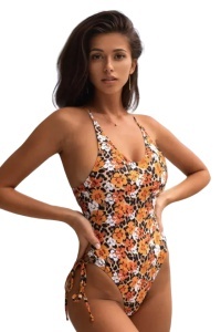 Costum de baie dama, 1 piesa, model floral delicat portocaliu