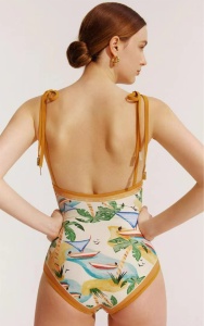 Costum de baie dama, 1 piesa, model versatil cu doua fete, imprimeu deosebit, bretele reglabile galben cu verde - Img 2