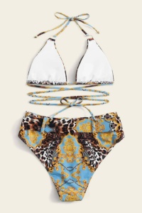 Costum de baie dama, 2 piese, imprimeu animal print, multicolor, sutien reglabil, slip talie inalta brazilian cu catarama - Img 2