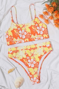 Costum de baie dama, 2 piese, model floral, sutien tip bustiera si chilot cu talie inalta portocaliu - Img 3