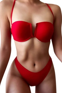Costum de baie dama, 2 piese, model senzual, sutien cu decolteu in V si chilot decupaj clasic croi ingust, tematica red summer rosu