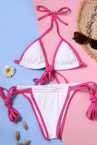 Costum de baie dama, 2 piese, model sexy summer pink candy, sutien cupe triunghiulare si chilot reglabil alb - Img 2