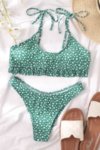 Costum de baie dama, 2 piese, model sexy trendy cu floricele, sutien tip bustiera cu volanas si chilot decupaj clasic croi ingust verde - Img 3