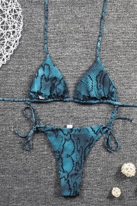 Costum de baie dama, 2 piese, model snake print, cupe triunghiulare si chilot reglabil albastru - Img 2