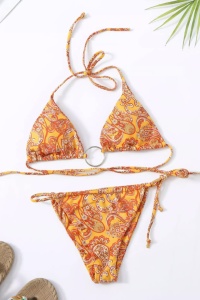 Costum de baie dama, 2 piese, model summer hot imprimeu grafic, accesoriu rotund si chilot reglabil pe o parte portocaliu - Img 4