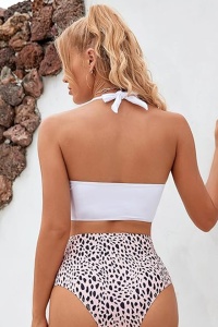 Costum de baie dama, 2 piese, model vintage, top tip bustiera si chilot decupaj clasic talie inalta, imprimeu animal print, tematica cute summer alb - Img 2