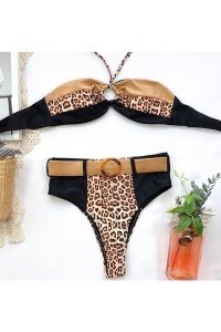 Costum de baie dama, 2 piese, slip brazilian talie inalta si sutien cu push-up, animal print, negru RO - Img 3