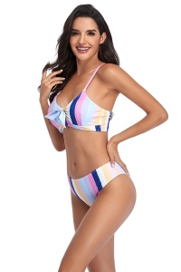 Costum de baie dama, 2 piese, slip brazilian talie inalta si sutien cu push-up, albastru si roz RO - Img 3