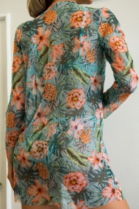 Costum de baie dama, 3 piese, model chic elegant, sutien bretele reglabile, chilot decupaj clasic si cover up asortat, imprimeu floral, tematica I love flowers verde - Img 2