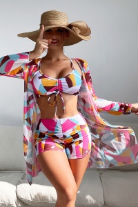 Costum de baie dama, 3 piese, model confortabil elegant pentru vara, sutien tip bustiera, chilot cu fronseu si cover up cu maneci lungi multicolor - Img 3