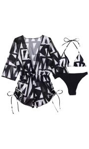 Costum de baie dama, 3 piese, model elegant, imprimeu abstract, sutien cupe triunghiulare, chiloti decupaj clasic, cover up cu decolteu adanc si pantalon scurt, tematica elegant summer negru - Img 4