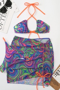 Costum de baie dama, 3 piese, multicolor, chilot brazilian, sutien reglabil si cover up tip fusta cu snur reglabil - Img 2