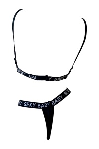 Costum de baie dama, negru, 2 piese, imprimeu sexy baby, slip tanga si sutien reglabil RO - Img 2