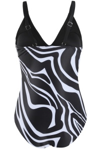 Costum de baie dama, o piesa, clasic cu croi chic, model abstract negru cu alb - Img 3