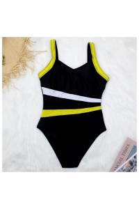 Costum de baie dama, o piesa, model clasic, cu detalii dungi care nuanteaza talia galben - Img 4