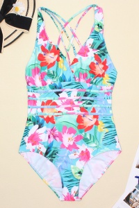 Costum de baie dama, o piesa, model deosebit vesel, imprimeu floral, decolteu in V, chilot decupaj clasic, tematica summer flower albastru - Img 4