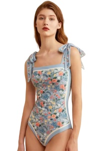 Costum de baie dama, o piesa, model floral delicat, prindere cu bretele late pe umeri albastru