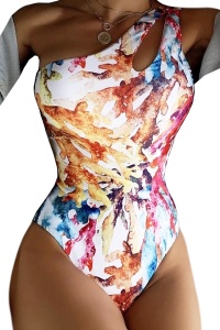 Costum de baie dama, o piesa, model happy summer wild splash, prindere fixa pe un umar multicolor