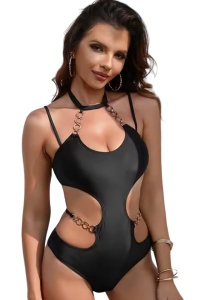 Costum de baie dama, o piesa, model indraznet accesorizat cu lanturi, bretele reglabile si chilot decupaj clasic, tematica sexy summer vibes negru