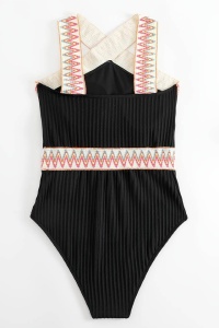 Costum de baie dama, o piesa, model royal, bretele in X la decolteu, detalii rustice, tematica I love summer negru - Img 2