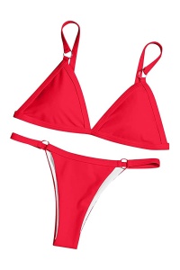 Costum de baie dama, rosu, 2 piese, imprimeu uni, sutien reglabil, slip tanga - Img 3