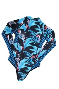 Costum de baie intreg, maneca lunga, inchidere cu fermoar, slip brazilian, imprimeu albastru RO - Img 2