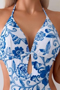 Costum de baie, o piesa, model provocator, prindere dupa gat, spate gol, chilot decupaj clasic croi ingust reglabil, tematica feeling sexy albastru - Img 4