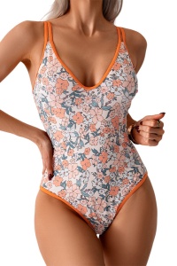 Costum de baie, o piesa, model vesel, imprimeu cu flori, decolteu sexy, chilot decupaj clasic, tematica happy summer portocaliu