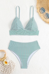 Costum de baie, set 2 piese, model atragator, sutien tip bustiera, cupe triunghiulare si chilot talie inalta decupaj clasic, tematica feeling confident alb cu verde - Img 4