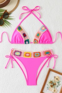 Costum de baie, set 2 piese, model deosebit, sutien cupe triunghiulare si chilot decupaj clasic, tematica summer fashion roz - Img 3