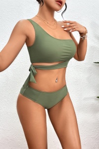Costum de baie, set 2 piese, model deosebit, sutien tip bustiera si chilot decupaj clasic, tematica beach fashion verde - Img 3